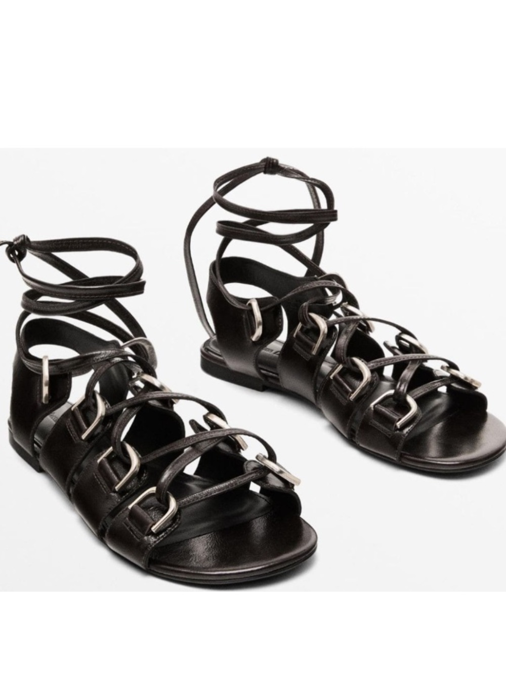 Massimo Dutti Brown Leather Ring Lace-Up Gladiator Sandals Size 35 NWT